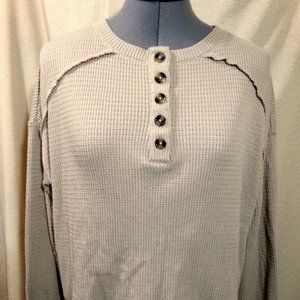 SO Thermal Waffle knit Henley T-shirt Top S Khaki brown Boxy Boho fit Scoop neck